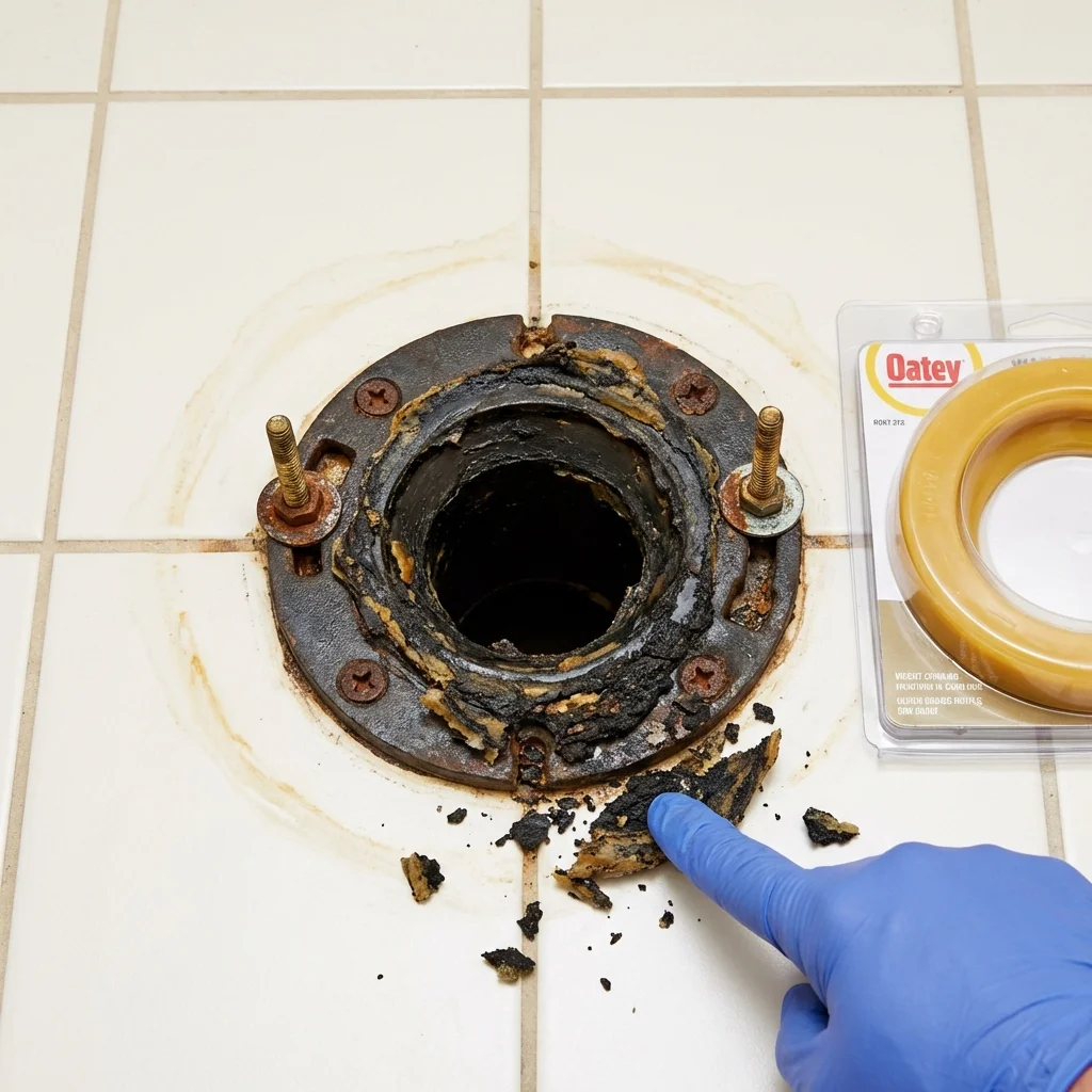 Failed wax ring showing water seepage at the base of a toilet in a Manning, IA home