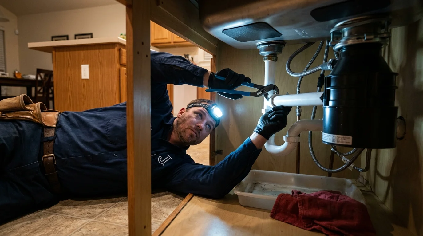P-trap and supply line connections under a kitchen sink showing a common leak point in Manning, IA